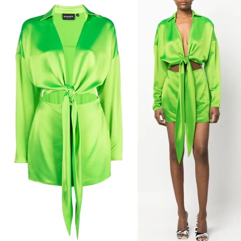 RETROFETE Knot-Detail Cut-Out Shirtdress Lime Green Deep V-Neck Tie Front Sm NEW - Picture 16 of 16